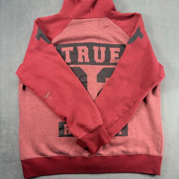 True Religion Full Zip Hoodie Men's 2XL Red Color Block Raglan Distressed Cali - Picture 3 of 11